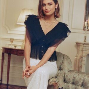 Anthropologie Black Pleated Ruffle Blouse